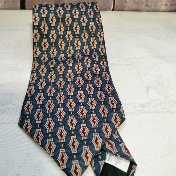 Oscar de la Renta Men's Silk Necktie Tie Blue Gold Geometric Circular Made in US - Picture 7 of 7